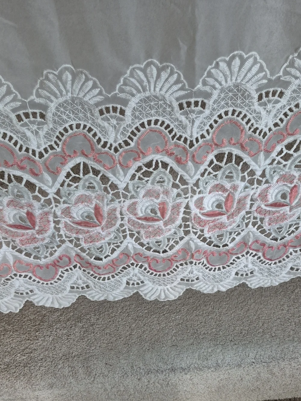 White Sheer Panel with Dark Rose Lace Floral Border 30x35